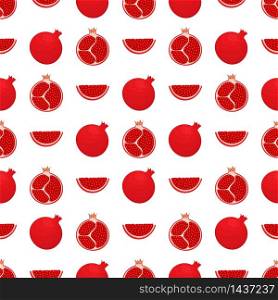 Seamless pattern with fresh bright exotic whole and chunk pomegranate with leaves on white background. Summer fruits for healthy lifestyle. Organic fruit. Vector illustration for any design. Seamless pattern with fresh bright exotic whole and chunk pomegranate with leaves on white background. Summer fruits for healthy lifestyle. Organic fruit. Vector illustration for any design.