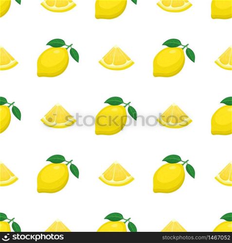 Seamless pattern with fresh bright exotic whole and cut slice lemon fruit on white background. Summer fruits for healthy lifestyle. Organic fruit. Cartoon style. Vector illustration for any design.