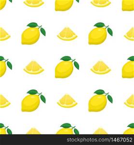 Seamless pattern with fresh bright exotic whole and cut slice lemon fruit on white background. Summer fruits for healthy lifestyle. Organic fruit. Cartoon style. Vector illustration for any design.