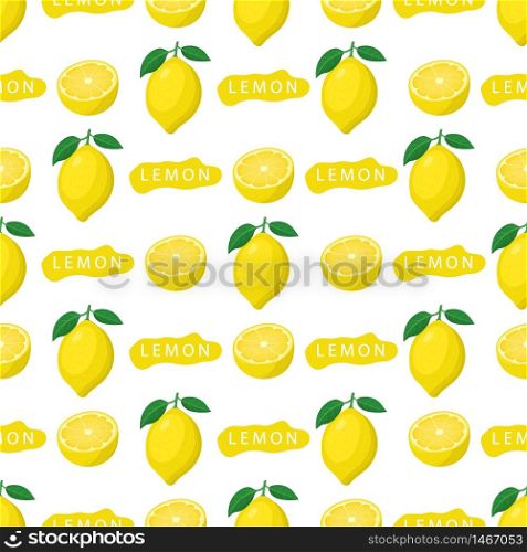 Seamless pattern with fresh bright exotic whole and half lemon fruit on white background. Summer fruits for healthy lifestyle. Organic fruit. Cartoon style. Vector illustration for any design.
