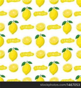 Seamless pattern with fresh bright exotic whole and half lemon fruit on white background. Summer fruits for healthy lifestyle. Organic fruit. Cartoon style. Vector illustration for any design.