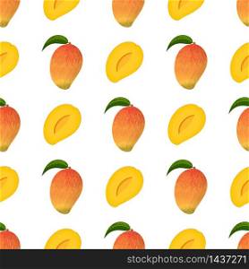 Seamless pattern with fresh bright exotic whole and half mango isolated on white background. Summer fruits for healthy lifestyle. Organic fruit. Cartoon style. Vector illustration for any design. Seamless pattern with fresh bright exotic whole and half mango isolated on white background. Summer fruits for healthy lifestyle. Organic fruit. Cartoon style. Vector illustration for any design.