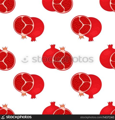 Seamless pattern with fresh bright exotic whole and half pomegranate with leaves on white background. Summer fruits for healthy lifestyle. Organic fruit. Vector illustration for any design. Seamless pattern with fresh bright exotic whole and half pomegranate with leaves on white background. Summer fruits for healthy lifestyle. Organic fruit. Vector illustration for any design.