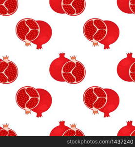 Seamless pattern with fresh bright exotic whole and half pomegranate with leaves on white background. Summer fruits for healthy lifestyle. Organic fruit. Vector illustration for any design. Seamless pattern with fresh bright exotic whole and half pomegranate with leaves on white background. Summer fruits for healthy lifestyle. Organic fruit. Vector illustration for any design.