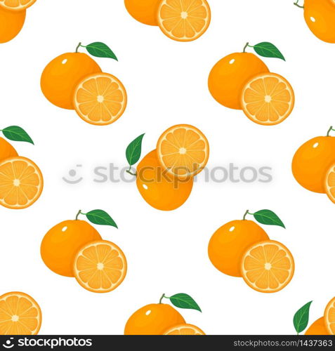 Seamless pattern with fresh bright exotic whole and half tangerine or mandarin isolated on white background. Summer fruits for healthy lifestyle. Organic fruit. Vector illustration for any design. Seamless pattern with fresh bright exotic whole and half tangerine or mandarin isolated on white background. Summer fruits for healthy lifestyle. Organic fruit. Vector illustration for any design.