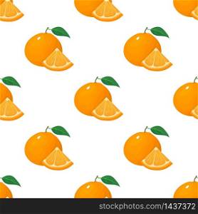 Seamless pattern with fresh bright exotic whole and slice tangerine or mandarin isolated on white background. Summer fruits for healthy lifestyle. Organic fruit. Vector illustration for any design. Seamless pattern with fresh bright exotic whole and slice tangerine or mandarin isolated on white background. Summer fruits for healthy lifestyle. Organic fruit. Vector illustration for any design.