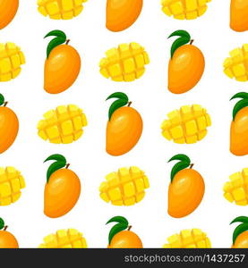 Seamless pattern with fresh bright exotic whole and sliced mango isolated on white background. Summer fruits for healthy lifestyle. Organic fruit. Cartoon style. Vector illustration for any design. Seamless pattern with fresh bright exotic whole and sliced mango isolated on white background. Summer fruits for healthy lifestyle. Organic fruit. Cartoon style. Vector illustration for any design.