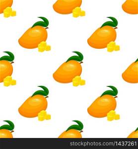 Seamless pattern with fresh bright exotic whole and sliced mango isolated on white background. Summer fruits for healthy lifestyle. Organic fruit. Cartoon style. Vector illustration for any design. Seamless pattern with fresh bright exotic whole and sliced mango isolated on white background. Summer fruits for healthy lifestyle. Organic fruit. Cartoon style. Vector illustration for any design.