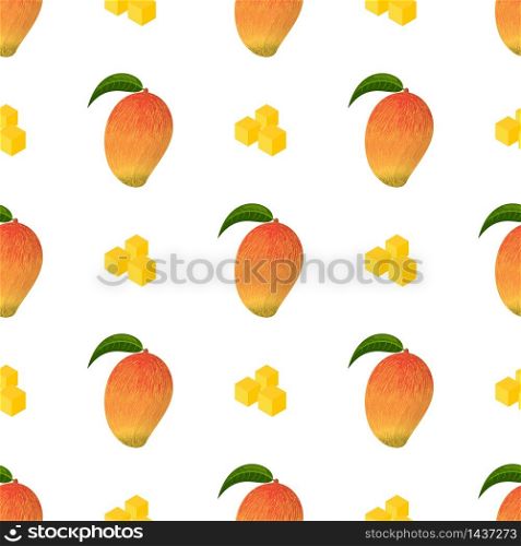Seamless pattern with fresh bright exotic whole and sliced mango isolated on white background. Summer fruits for healthy lifestyle. Organic fruit. Cartoon style. Vector illustration for any design. Seamless pattern with fresh bright exotic whole and sliced mango isolated on white background. Summer fruits for healthy lifestyle. Organic fruit. Cartoon style. Vector illustration for any design.