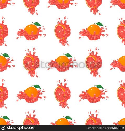 Seamless pattern with fresh bright grapefruit juice splash burst isolated on white background. Summer fruit juice. Cartoon style. Vector illustration for any design.
