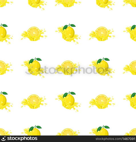 Seamless pattern with fresh bright lemon juice splash burst isolated on white background. Summer fruit juice. Cartoon style. Vector illustration for any design.