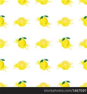Seamless pattern with fresh bright lemon juice splash burst isolated on white background. Summer fruit juice. Cartoon style. Vector illustration for any design.