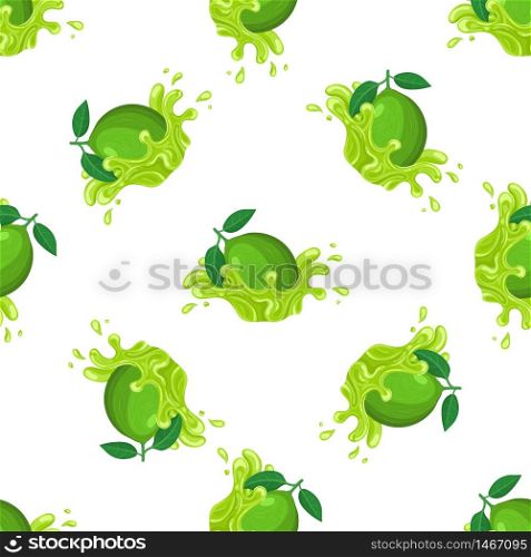 Seamless pattern with fresh bright lime juice splash burst isolated on white background. Summer fruit juice. Cartoon style. Vector illustration for any design.