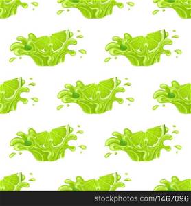 Seamless pattern with fresh bright lime juice splash burst isolated on white background. Summer fruit juice. Cartoon style. Vector illustration for any design.