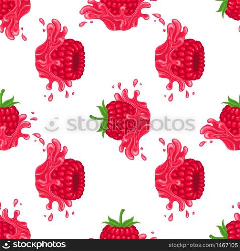 Seamless pattern with fresh bright raspberry juice splash burst isolated on white background. Summer fruit juice. Cartoon style. Vector illustration for any design.