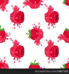 Seamless pattern with fresh bright raspberry juice splash burst isolated on white background. Summer fruit juice. Cartoon style. Vector illustration for any design.