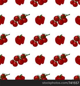 Seamless pattern with fresh cherry tomato and bell pepper vegetables. Organic food. Cartoon style. Vector illustration for design, web, wrapping paper, fabric, wallpaper.