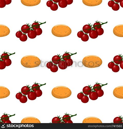 Seamless pattern with fresh cherry tomato and potato vegetables. Organic food. Cartoon style. Vector illustration for design, web, wrapping paper, fabric, wallpaper.
