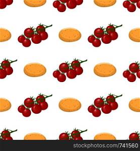 Seamless pattern with fresh cherry tomato and potato vegetables. Organic food. Cartoon style. Vector illustration for design, web, wrapping paper, fabric, wallpaper.