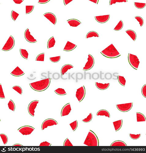 Seamless pattern with fresh cut slice watermelon fruit on white background. Summer fruits for healthy lifestyle. Organic fruit. Cartoon style. Vector illustration for any design.