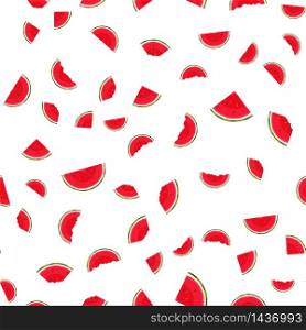 Seamless pattern with fresh cut slice watermelon fruit on white background. Summer fruits for healthy lifestyle. Organic fruit. Cartoon style. Vector illustration for any design.