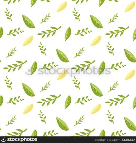Seamless Pattern with Fresh Green and Yellow Leaves. Summer Wallpaper. Vector Natural Beauty Rustic Eco Friendly Background. Foliage Branches over White Endless Illustration. Herbal Texture. Seamless Pattern with Fresh Green Yellow Leaves