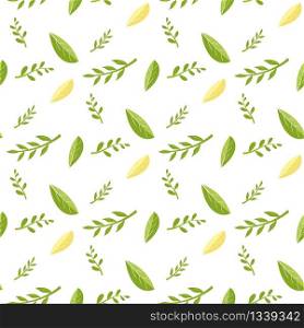 Seamless Pattern with Fresh Green and Yellow Leaves. Summer Wallpaper. Vector Natural Beauty Rustic Eco Friendly Background. Foliage Branches over White Endless Illustration. Herbal Texture. Seamless Pattern with Fresh Green Yellow Leaves