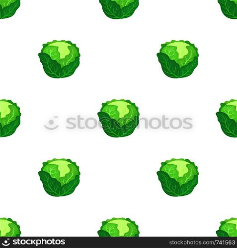 Seamless pattern with fresh green cabbage isolated on white background. Organic food. Cartoon style. Vector illustration for design, web, wrapping paper, fabric, wallpaper.