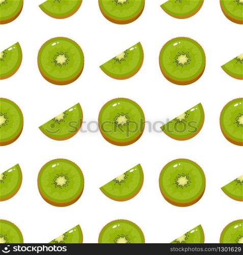 Seamless pattern with fresh half and slice kiwi fruit on white background. Summer fruits for healthy lifestyle. Organic fruit. Cartoon style. Vector illustration for any design.