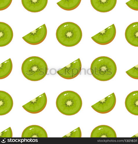 Seamless pattern with fresh half and slice kiwi fruit on white background. Summer fruits for healthy lifestyle. Organic fruit. Cartoon style. Vector illustration for any design.