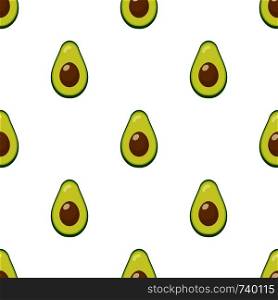 Seamless pattern with fresh half avocado isolated on white background. Organic food. Cartoon style. Vector illustration for design, web, wrapping paper, fabric, wallpaper.