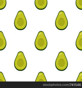 Seamless pattern with fresh half avocado isolated on white background. Organic food. Cartoon style. Vector illustration for design, web, wrapping paper, fabric, wallpaper.