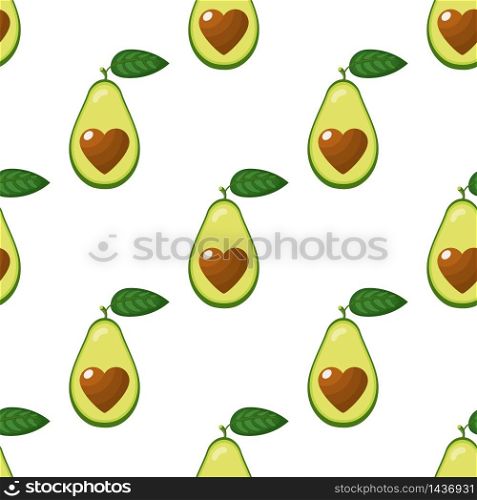 Seamless pattern with fresh half avocado with heart isolated on white background. Summer fruits for healthy lifestyle. Organic fruit. Cartoon style. Vector illustration for any design.