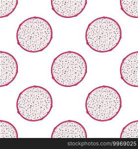 Seamless pattern with fresh half cut red pitaya fruits isolated on white background. Summer fruits for healthy lifestyle. Organic fruit. Cartoon style. Vector illustration for any design. Seamless pattern with fresh half cut red pitaya fruits isolated on white background. Summer fruits for healthy lifestyle. Organic fruit. Cartoon style. Vector illustration for any design.