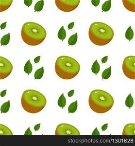 Seamless pattern with fresh half kiwi fruit and leaves on white background. Summer fruits for healthy lifestyle. Organic fruit. Cartoon style. Vector illustration for any design.