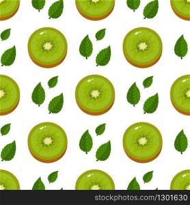 Seamless pattern with fresh half kiwi fruit and leaves on white background. Summer fruits for healthy lifestyle. Organic fruit. Cartoon style. Vector illustration for any design.
