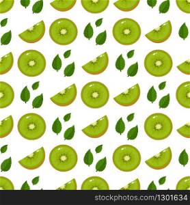 Seamless pattern with fresh half slice kiwi fruit and leaves on white background. Summer fruits for healthy lifestyle. Organic fruit. Cartoon style. Vector illustration for any design.