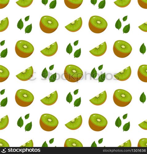 Seamless pattern with fresh half slice kiwi fruit and leaves on white background. Summer fruits for healthy lifestyle. Organic fruit. Cartoon style. Vector illustration for any design.