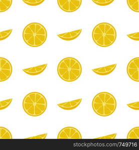 Seamless pattern with fresh half, slice lemon fruit on white background. Vector illustration for design, web, wrapping paper, fabric, wallpaper.