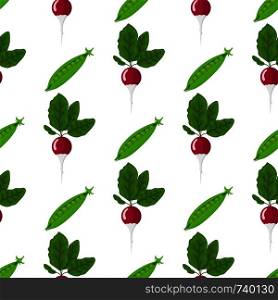 Seamless pattern with fresh pea and radish vegetables. Organic food. Cartoon style. Vector illustration for design, web, wrapping paper, fabric, wallpaper.