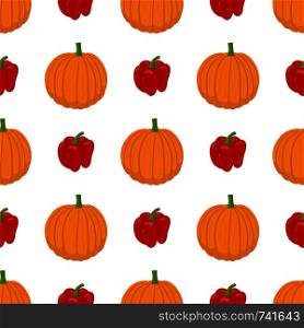 Seamless pattern with fresh pumpkin and bell pepper vegetables. Organic food. Cartoon style. Vector illustration for design, web, wrapping paper, fabric, wallpaper.
