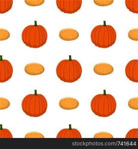 Seamless pattern with fresh pumpkin and potato vegetables. Organic food. Cartoon style. Vector illustration for design, web, wrapping paper, fabric, wallpaper.
