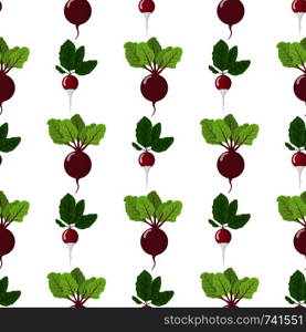 Seamless pattern with fresh radish and beet vegetables. Organic food. Cartoon style. Vector illustration for design, web, wrapping paper, fabric, wallpaper.