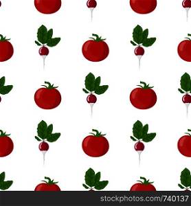 Seamless pattern with fresh radish and tomato vegetables. Organic food. Cartoon style. Vector illustration for design, web, wrapping paper, fabric, wallpaper.