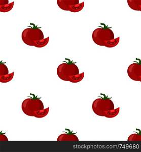 Seamless pattern with fresh red tomato vegetable isolated on white background. Whole and slice tomato icon. Organic food. Cartoon style. Vector illustration for design.