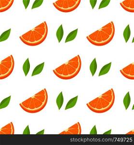 Seamless pattern with fresh slice orange fruit and green leaves on white background. Tangerine. Organic fruit. Cartoon style. Vector illustration for design, web, wrapping paper, fabric, wallpaper.