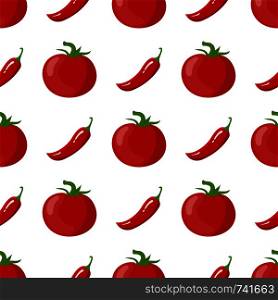 Seamless pattern with fresh tomato and chilli pepper vegetables. Organic food. Cartoon style. Vector illustration for design, web, wrapping paper, fabric, wallpaper.