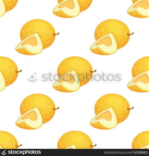 Seamless pattern with fresh whole and cut slice melon fruit on white background. Honeydew melon. Summer fruits for healthy lifestyle. Organic fruit. Vector illustration for any design.