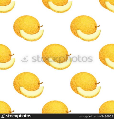 Seamless pattern with fresh whole and cut slice melon fruit on white background. Honeydew melon. Summer fruits for healthy lifestyle. Organic fruit. Vector illustration for any design.