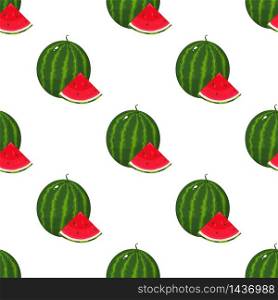 Seamless pattern with fresh whole and cut slice watermelon fruit on white background. Summer fruits for healthy lifestyle. Organic fruit. Cartoon style. Vector illustration for any design.